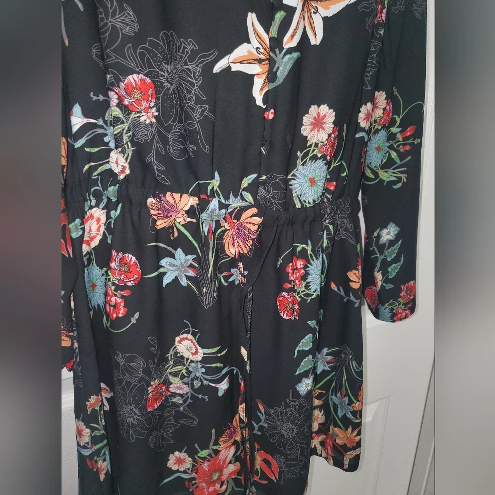 : fleur bleve black floral design button front Drawstring tunic dress top sz 8 - Picture 2 of 16